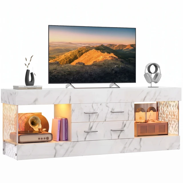 Alt view image 7 of 7 - 60 inch W Marble TV Stand for TVs up to 65", Modern High Gloss Entertainment Center for TVs with LED Light and Storage Drawers