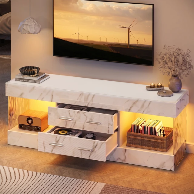 Alt view image 6 of 7 - 60 inch W Marble TV Stand for TVs up to 65", Modern High Gloss Entertainment Center for TVs with LED Light and Storage Drawers