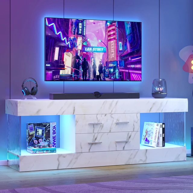 Alt view image 5 of 7 - 60 inch W Marble TV Stand for TVs up to 65", Modern High Gloss Entertainment Center for TVs with LED Light and Storage Drawers