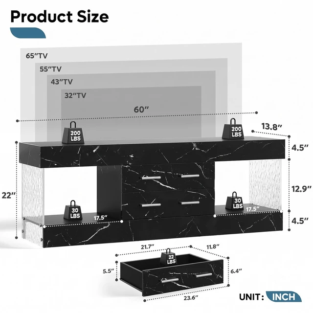 Alt view image 2 of 7 - 60 inch W Marble TV Stand for TVs up to 65", Modern High Gloss Entertainment Center for TVs with LED Light and Storage Drawers, Black Marble Glossy PU Paper