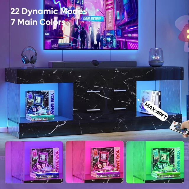 Alt view image 4 of 7 - 60 inch W Marble TV Stand for TVs up to 65", Modern High Gloss Entertainment Center for TVs with LED Light and Storage Drawers, Black Marble Glossy PU Paper