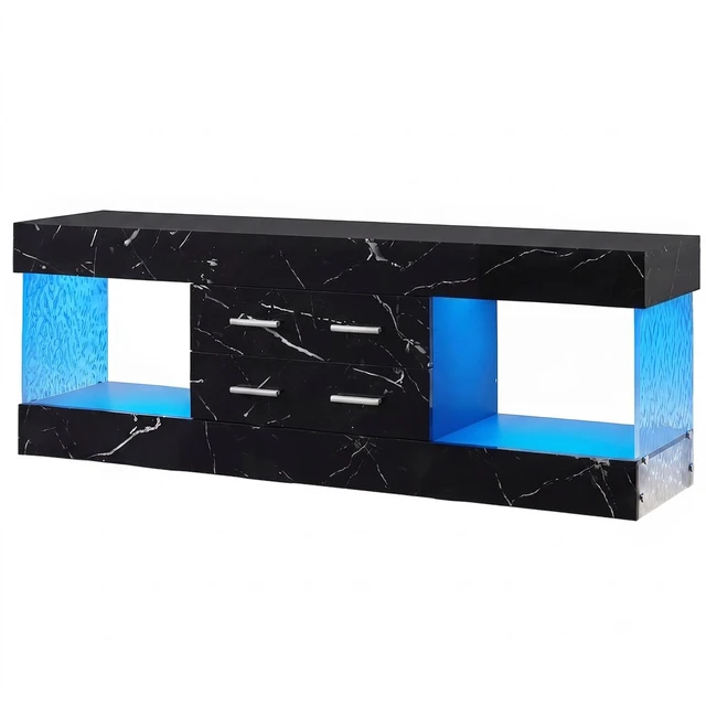 Alt view image 7 of 7 - 60 inch W Marble TV Stand for TVs up to 65", Modern High Gloss Entertainment Center for TVs with LED Light and Storage Drawers, Black Marble Glossy PU Paper