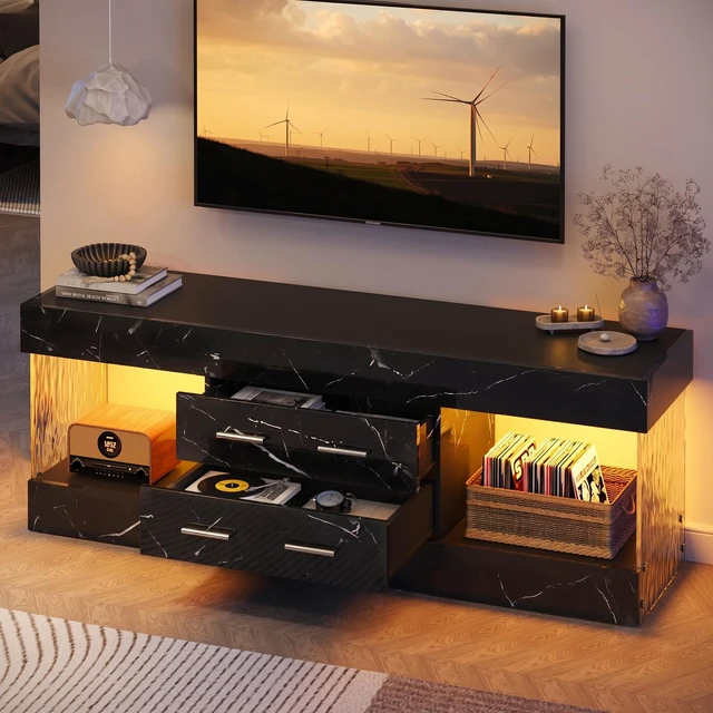 Alt view image 5 of 7 - 60 inch W Marble TV Stand for TVs up to 65", Modern High Gloss Entertainment Center for TVs with LED Light and Storage Drawers, Black Marble Glossy PU Paper