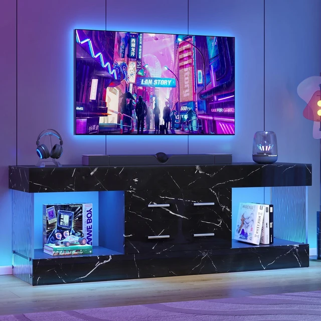 Alt view image 6 of 7 - 60 inch W Marble TV Stand for TVs up to 65", Modern High Gloss Entertainment Center for TVs with LED Light and Storage Drawers, Black Marble Glossy PU Paper