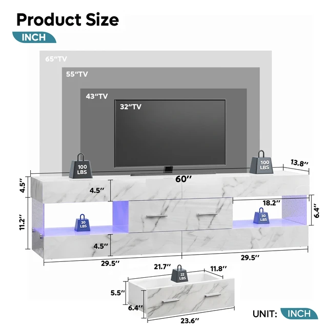 Alt view image 2 of 7 - 60 inch W TV Stand for TVs up to 65", Modern Entertainment Center for TVs with LED Light and Storage Drawers