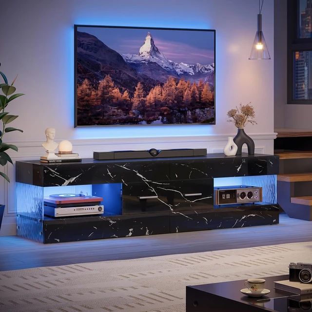 Main image of 60 inch W TV Stand for TVs up to 65", Modern Entertainment Center for TVs with LED Light and Storage Drawers Black Marble Glossy PU Paper