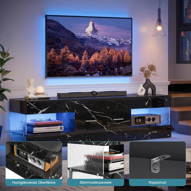Alt view image 5 of 7 - 60 inch W TV Stand for TVs up to 65", Modern Entertainment Center for TVs with LED Light and Storage Drawers Black Marble Glossy PU Paper