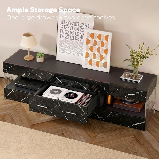 Alt view image 3 of 7 - 60 inch W TV Stand for TVs up to 65", Modern Entertainment Center for TVs with LED Light and Storage Drawers Black Marble Glossy PU Paper