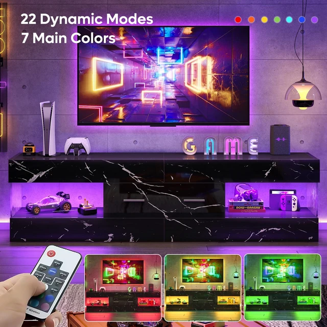 Alt view image 4 of 7 - 60 inch W TV Stand for TVs up to 65", Modern Entertainment Center for TVs with LED Light and Storage Drawers Black Marble Glossy PU Paper