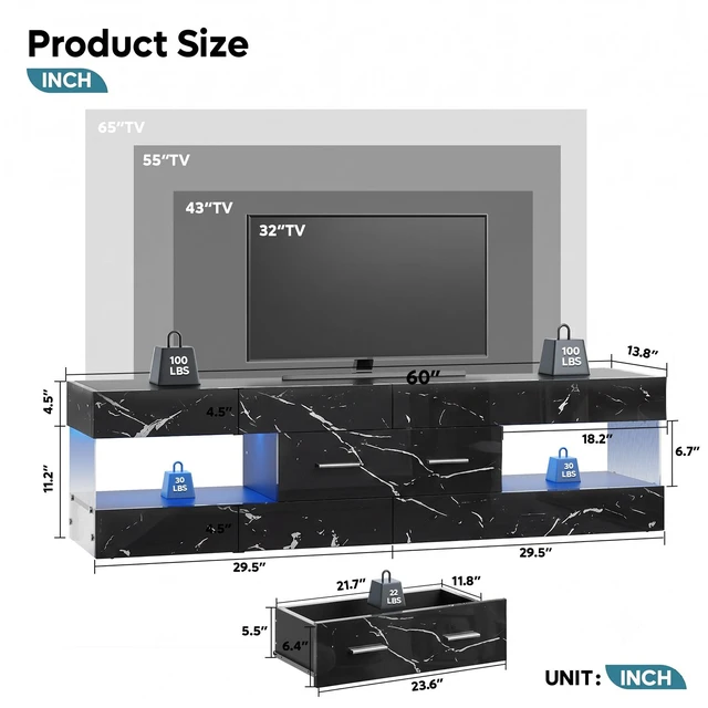 Alt view image 2 of 7 - 60 inch W TV Stand for TVs up to 65", Modern Entertainment Center for TVs with LED Light and Storage Drawers Black Marble Glossy PU Paper