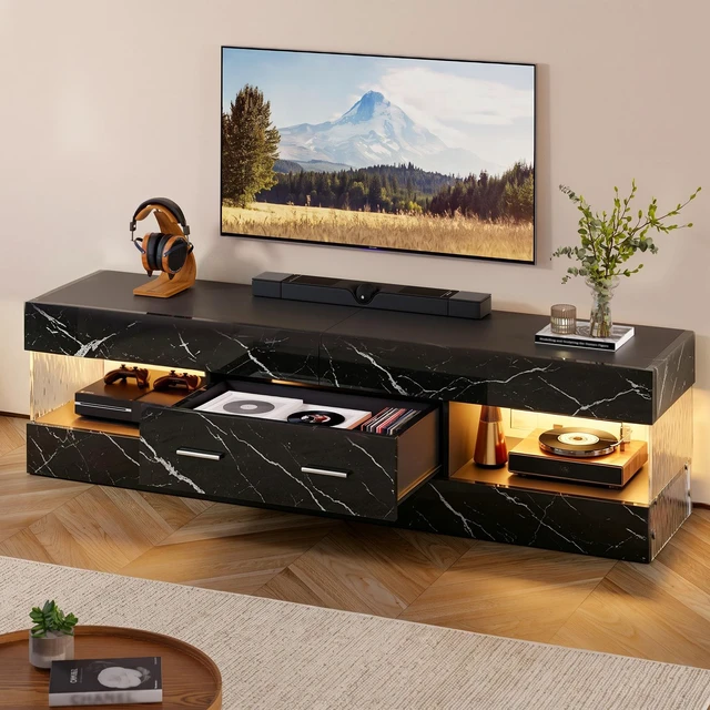 Alt view image 6 of 7 - 60 inch W TV Stand for TVs up to 65", Modern Entertainment Center for TVs with LED Light and Storage Drawers Black Marble Glossy PU Paper