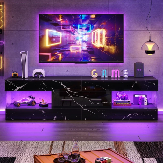 Alt view image 7 of 7 - 60 inch W TV Stand for TVs up to 65", Modern Entertainment Center for TVs with LED Light and Storage Drawers Black Marble Glossy PU Paper