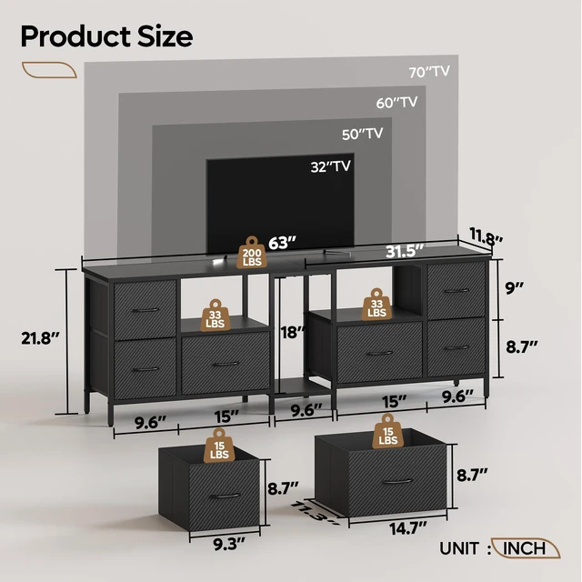 Alt view image 3 of 7 - 63 inch W TV Stand with RGB LED Light, 6 Drawers Media Console, Entertainment Center for TVs up to 70", Game Console for Living Room Bedroom