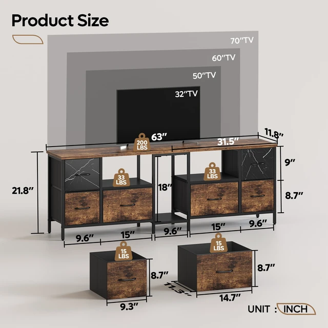 Alt view image 3 of 7 - 63 inch W TV Stand with RGB LED Light, 6 Drawers Media Console, Entertainment Center for TVs up to 70", Game Console for Living Room Bedroom Rustic Brown