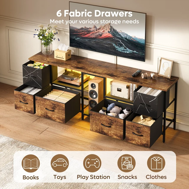 Alt view image 5 of 7 - 63 inch W TV Stand with RGB LED Light, 6 Drawers Media Console, Entertainment Center for TVs up to 70", Game Console for Living Room Bedroom Rustic Brown