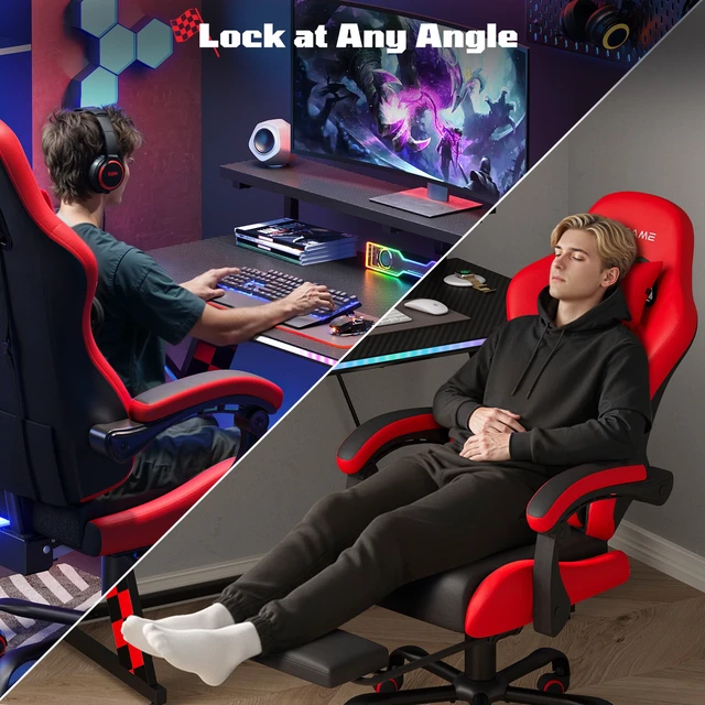 Alt view image 4 of 7 - Basic Ergonomic Gaming Chair with Vibration Lumbar Support, PU Leather Office Chairs with Retractable Footrest for Adult, Home Computer Chairs