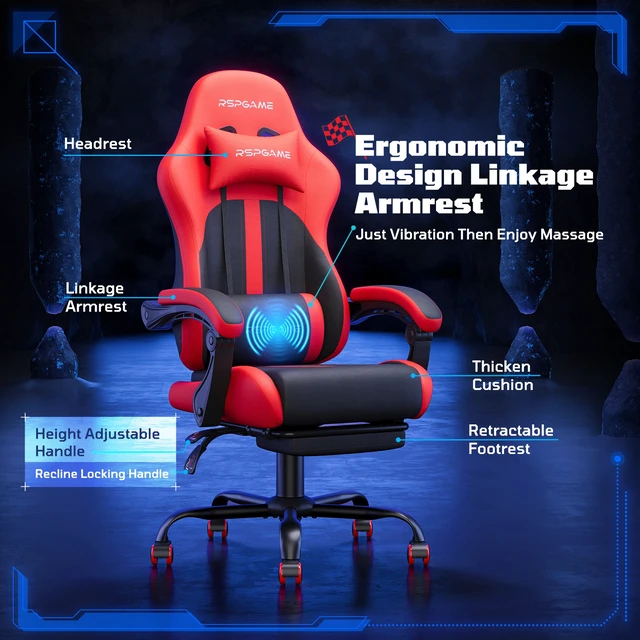 Alt view image 5 of 7 - Basic Ergonomic Gaming Chair with Vibration Lumbar Support, PU Leather Office Chairs with Retractable Footrest for Adult, Home Computer Chairs