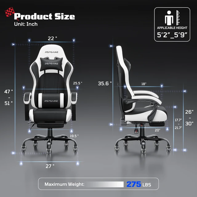 Alt view image 2 of 7 - Basic Ergonomic Gaming Chair with Vibration Lumbar Support, PU Leather Office Chairs with Retractable Footrest for Adult, Home Computer Chairs Black and White PVC