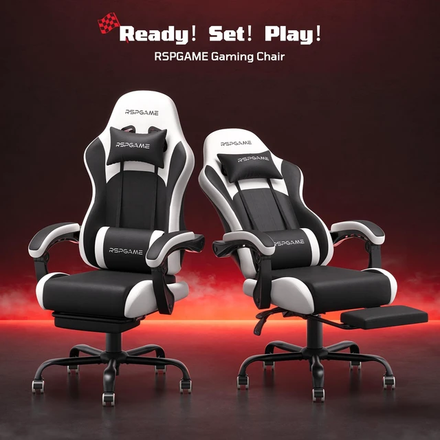 Main image of Basic Ergonomic Gaming Chair with Vibration Lumbar Support, PU Leather Office Chairs with Retractable Footrest for Adult, Home Computer Chairs Black and White PVC