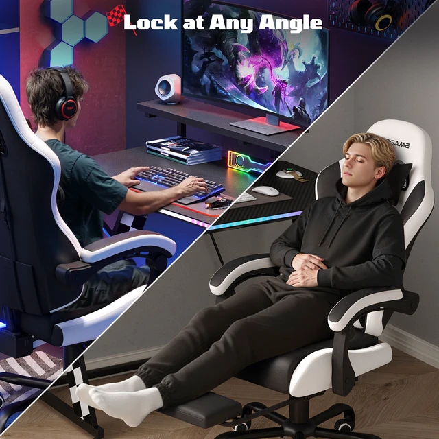 Alt view image 4 of 7 - Basic Ergonomic Gaming Chair with Vibration Lumbar Support, PU Leather Office Chairs with Retractable Footrest for Adult, Home Computer Chairs Black and White PVC