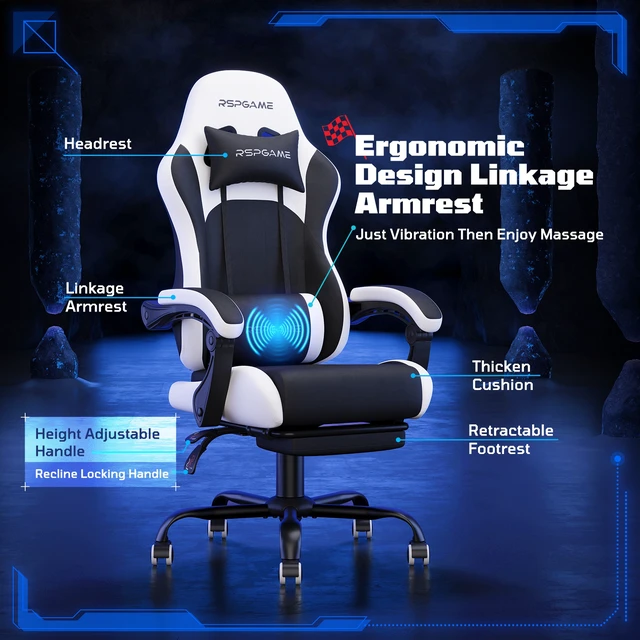Alt view image 5 of 7 - Basic Ergonomic Gaming Chair with Vibration Lumbar Support, PU Leather Office Chairs with Retractable Footrest for Adult, Home Computer Chairs Black and White PVC