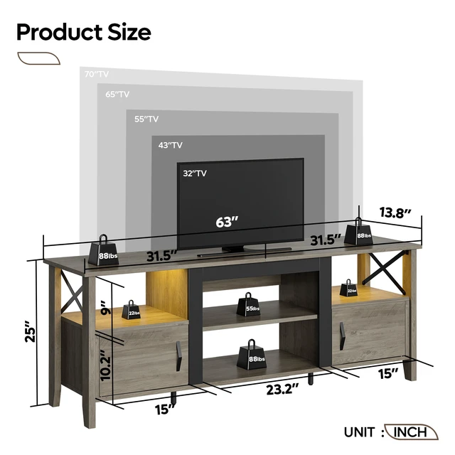 Alt view image 3 of 6 - Bestier Farmhouse TV Stand for 70 inch TV, Gaming Entertainment Center with LED Lights, TV Console with 2 Storage Cabinets and Shelf for Living Room, 63'' Inch, Ancona Walnut Grey Wash