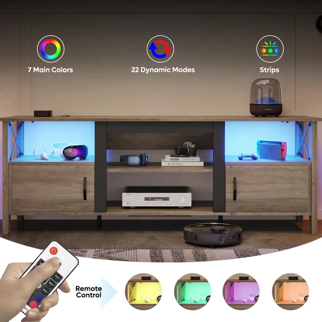 Alt view image 4 of 6 - Bestier Farmhouse TV Stand for 70 inch TV, Gaming Entertainment Center with LED Lights, TV Console with 2 Storage Cabinets and Shelf for Living Room, 63'' Inch, Ancona Walnut Grey Wash