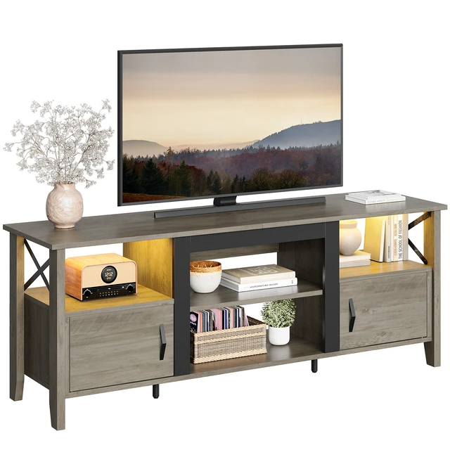 Alt view image 6 of 6 - Bestier Farmhouse TV Stand for 70 inch TV, Gaming Entertainment Center with LED Lights, TV Console with 2 Storage Cabinets and Shelf for Living Room, 63'' Inch, Ancona Walnut Grey Wash