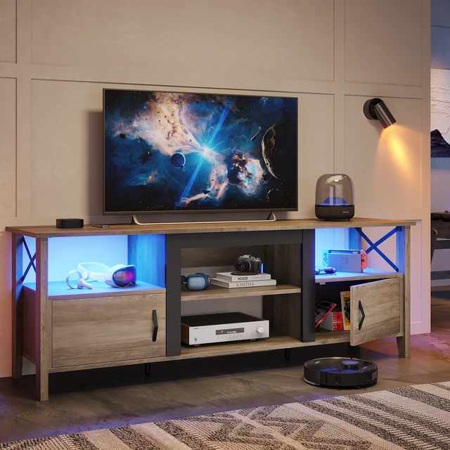 Alt view image 2 of 6 - Bestier Farmhouse TV Stand for 70 inch TV, Gaming Entertainment Center with LED Lights, TV Console with 2 Storage Cabinets and Shelf for Living Room, 63'' Inch, Ancona Walnut Grey Wash