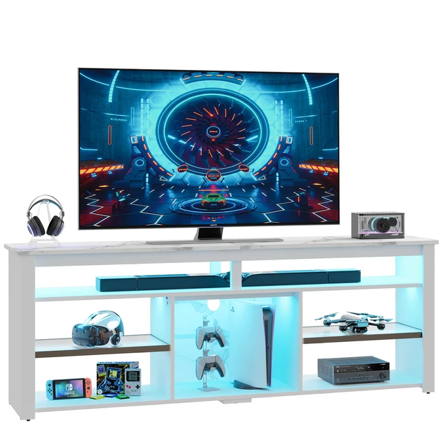 Alt view image 7 of 7 - Bestier Tall LED TV Stand for 70/75/80 inch TV, Modern Black Marble Entertainment Center with Storage for PS5, Gaming Console for Gaming Room, Living Room & Bedroom White Marble