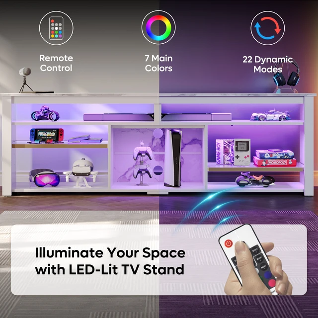 Alt view image 4 of 7 - Bestier Tall LED TV Stand for 70/75/80 inch TV, Modern Black Marble Entertainment Center with Storage for PS5, Gaming Console for Gaming Room, Living Room & Bedroom White Marble