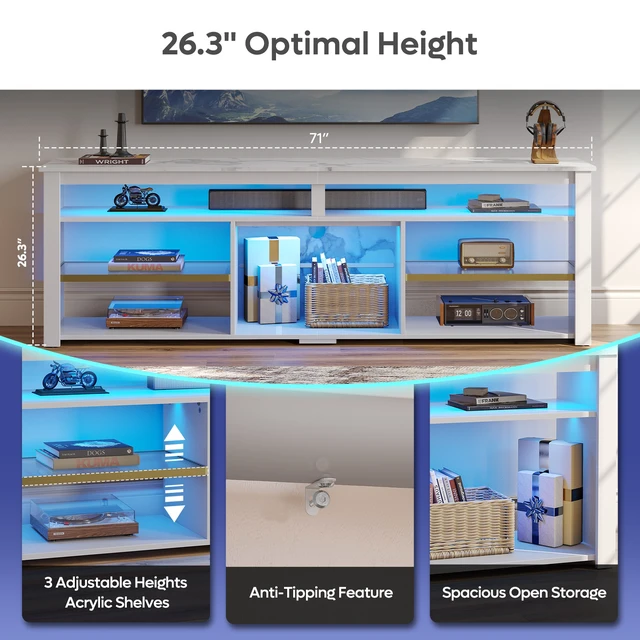 Alt view image 6 of 7 - Bestier Tall LED TV Stand for 70/75/80 inch TV, Modern Black Marble Entertainment Center with Storage for PS5, Gaming Console for Gaming Room, Living Room & Bedroom White Marble