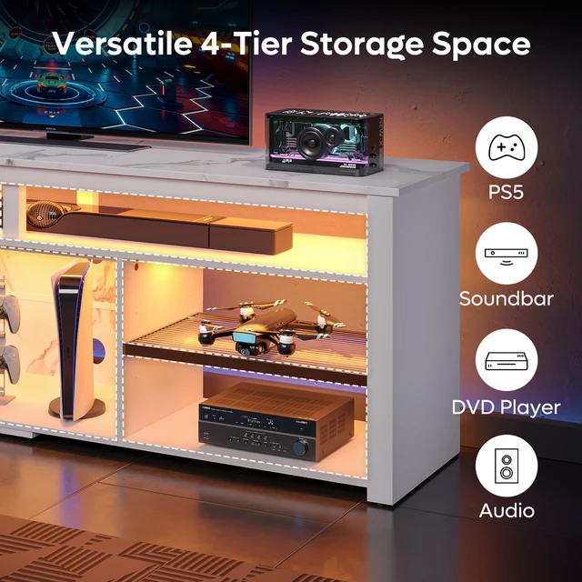 Alt view image 5 of 7 - Bestier Tall LED TV Stand for 70/75/80 inch TV, Modern Black Marble Entertainment Center with Storage for PS5, Gaming Console for Gaming Room, Living Room & Bedroom White Marble