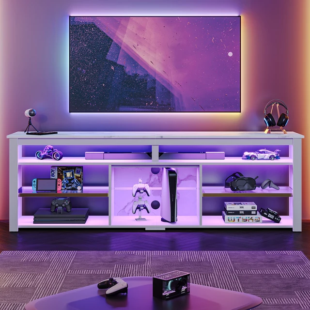 Alt view image 2 of 7 - Bestier Tall LED TV Stand for 70/75/80 inch TV, Modern Black Marble Entertainment Center with Storage for PS5, Gaming Console for Gaming Room, Living Room & Bedroom White Marble