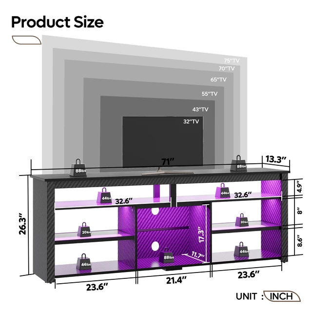 Alt view image 3 of 7 - Bestier Tall LED TV Stand for 70/75/80 inch TV, Modern Black Marble Entertainment Center with Storage for PS5, Gaming Console for Gaming Room, Living Room & Bedroom Black 3D Carbon Fiber