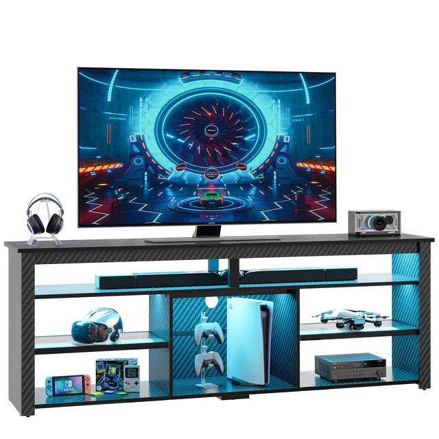 Alt view image 7 of 7 - Bestier Tall LED TV Stand for 70/75/80 inch TV, Modern Black Marble Entertainment Center with Storage for PS5, Gaming Console for Gaming Room, Living Room & Bedroom Black 3D Carbon Fiber