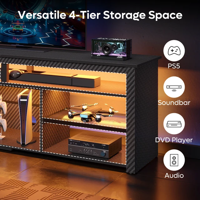 Alt view image 5 of 7 - Bestier Tall LED TV Stand for 70/75/80 inch TV, Modern Black Marble Entertainment Center with Storage for PS5, Gaming Console for Gaming Room, Living Room & Bedroom Black 3D Carbon Fiber