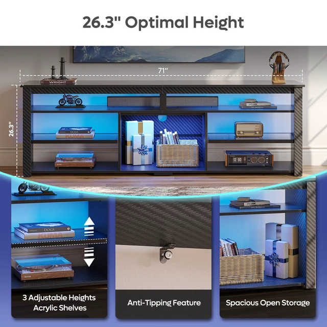 Alt view image 6 of 7 - Bestier Tall LED TV Stand for 70/75/80 inch TV, Modern Black Marble Entertainment Center with Storage for PS5, Gaming Console for Gaming Room, Living Room & Bedroom Black 3D Carbon Fiber