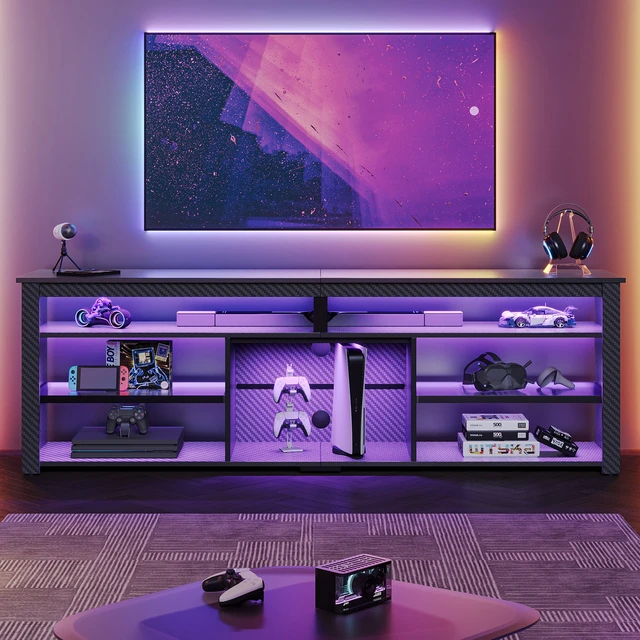 Alt view image 2 of 7 - Bestier Tall LED TV Stand for 70/75/80 inch TV, Modern Black Marble Entertainment Center with Storage for PS5, Gaming Console for Gaming Room, Living Room & Bedroom Black 3D Carbon Fiber