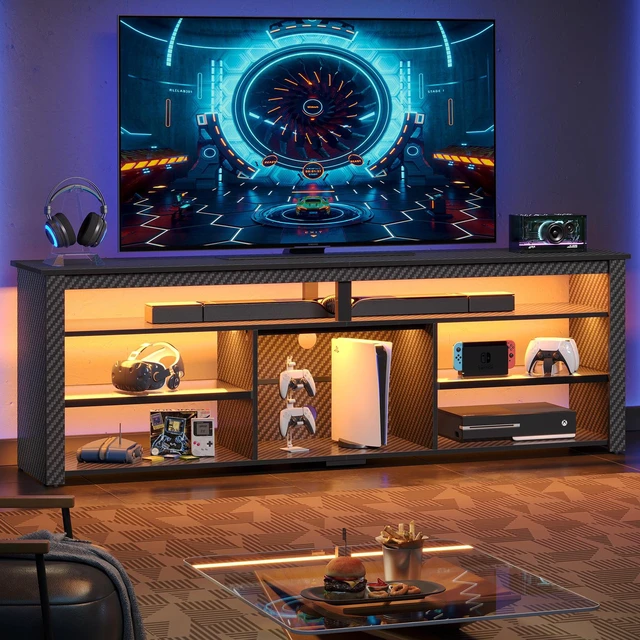 Main image of Bestier Tall LED TV Stand for 70/75/80 inch TV, Modern Black Marble Entertainment Center with Storage for PS5, Gaming Console for Gaming Room, Living Room & Bedroom Black 3D Carbon Fiber