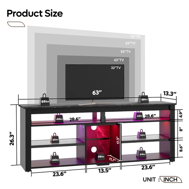 Alt view image 3 of 7 - TV Stand Tall Entertainment Center with Storage For 70 Inch TV White Black Marble