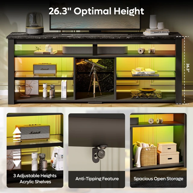Alt view image 5 of 7 - TV Stand Tall Entertainment Center with Storage For 70 Inch TV White Black Marble