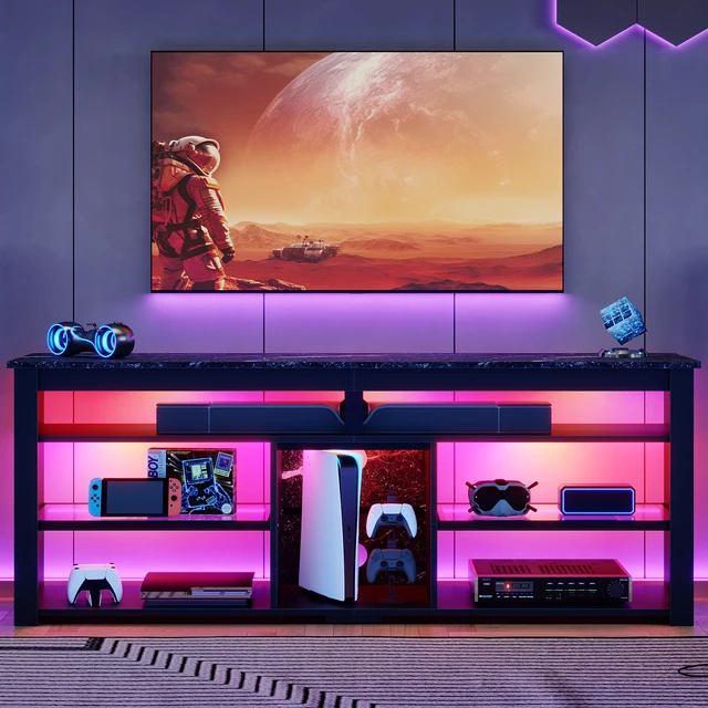Alt view image 2 of 7 - TV Stand Tall Entertainment Center with Storage For 70 Inch TV White Black Marble