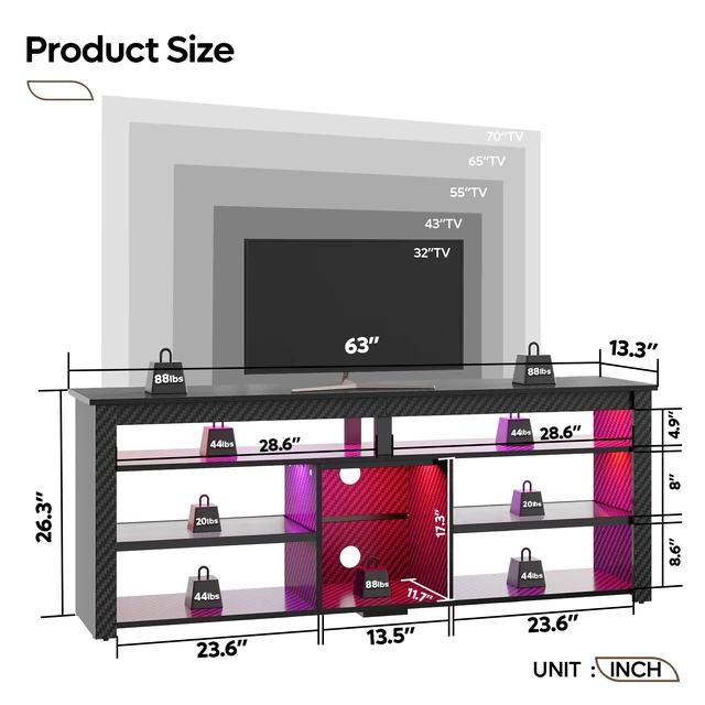 Alt view image 3 of 7 - TV Stand Tall Entertainment Center with Storage For 70 Inch TV White Black 3D Carbon Fiber
