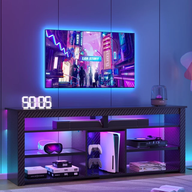 Main image of TV Stand Tall Entertainment Center with Storage For 70 Inch TV White Black 3D Carbon Fiber