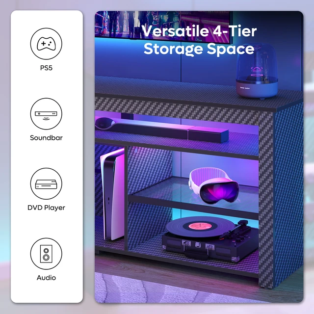 Alt view image 5 of 7 - TV Stand Tall Entertainment Center with Storage For 70 Inch TV White Black 3D Carbon Fiber
