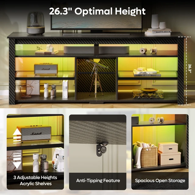 Alt view image 6 of 7 - TV Stand Tall Entertainment Center with Storage For 70 Inch TV White Black 3D Carbon Fiber