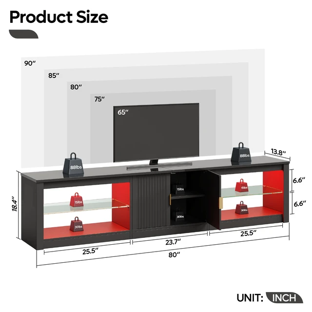 Alt view image 3 of 6 - 80 inch TV Stand for TVs up to 85", High Gloss Entertainment Center with LED Lights & Storage Cabinet, Modern Fluted TV Console