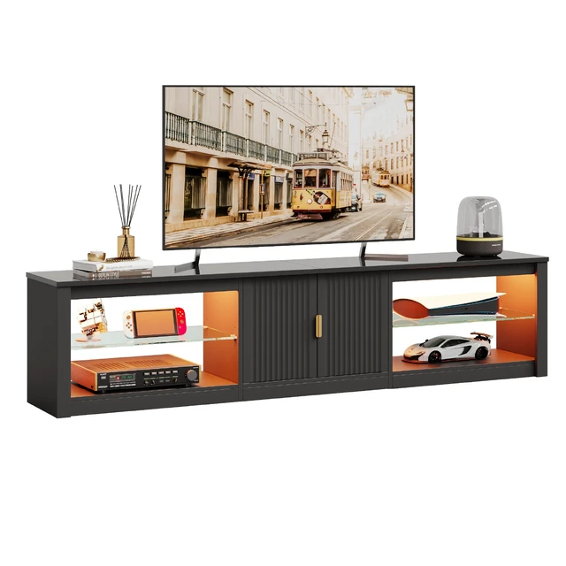 Alt view image 4 of 6 - 80 inch TV Stand for TVs up to 85", High Gloss Entertainment Center with LED Lights & Storage Cabinet, Modern Fluted TV Console