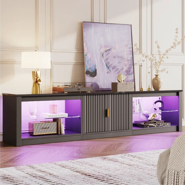 Main image of 80 inch TV Stand for TVs up to 85", High Gloss Entertainment Center with LED Lights & Storage Cabinet, Modern Fluted TV Console